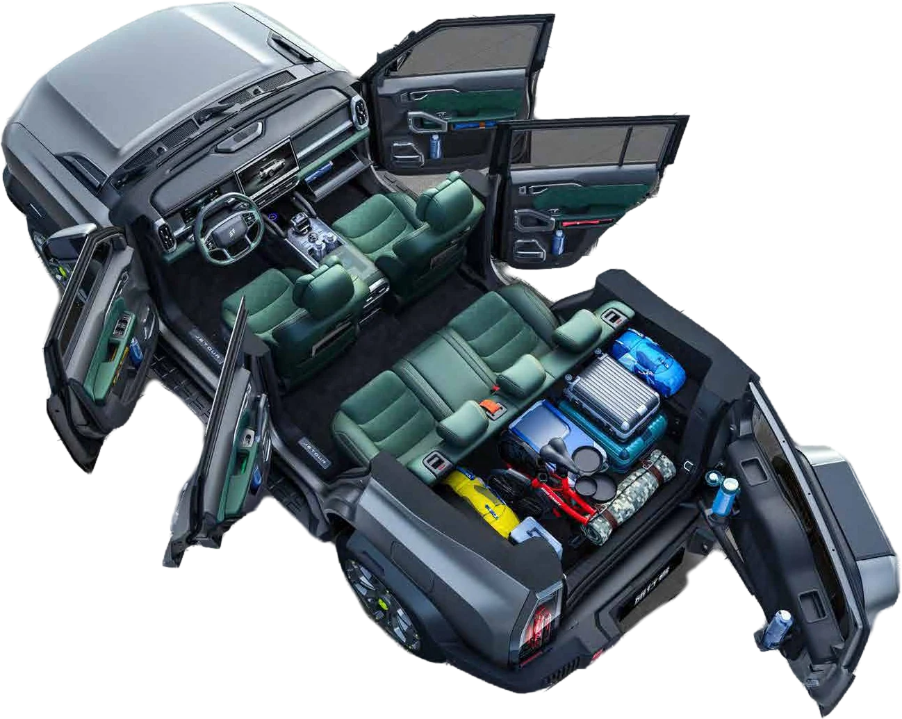 Jetour T2 seen from above with every door and the tailgate open
