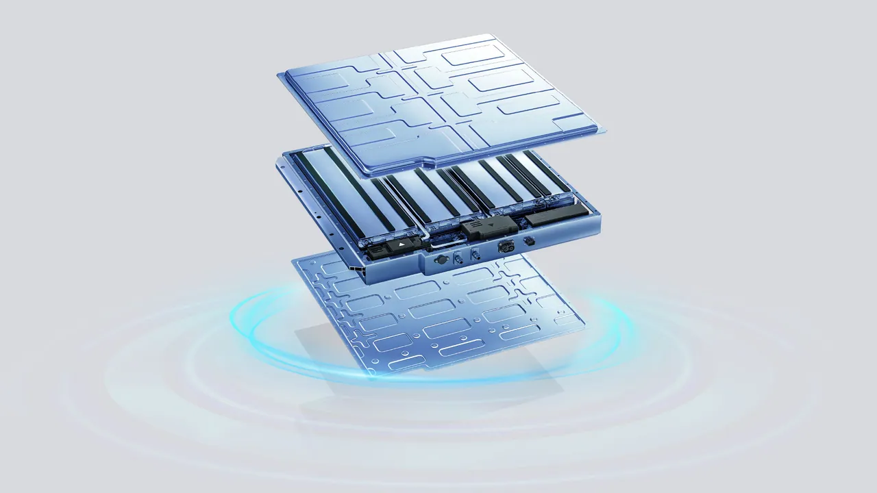 The T2 i-DM's battery pack drawn apart into its layers