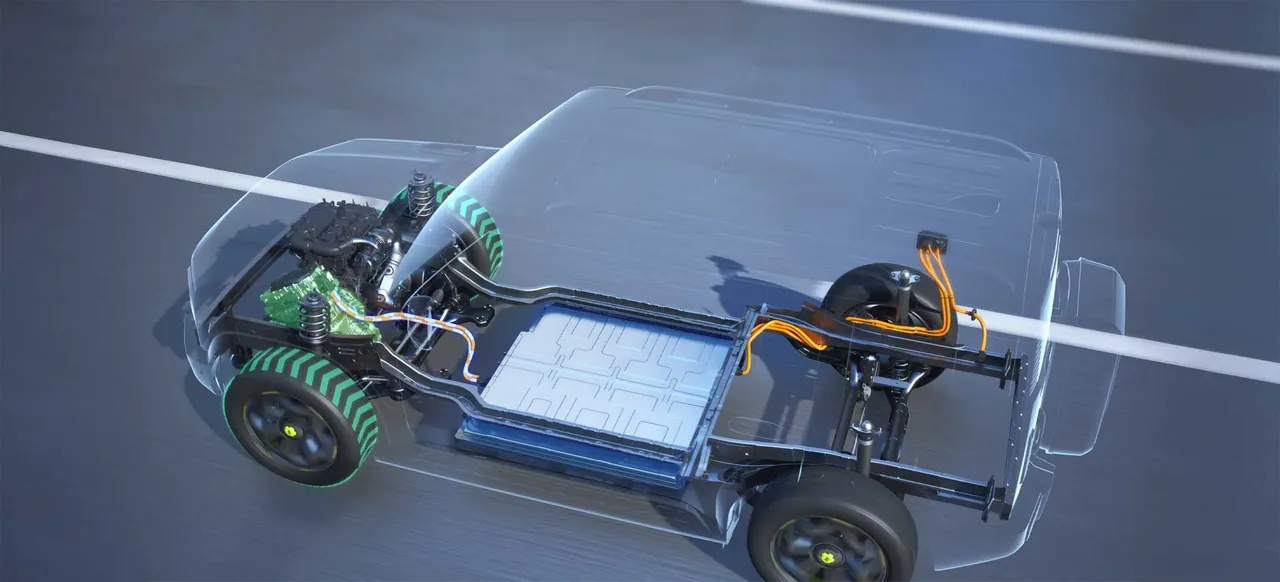 Transparent T2 i-DM on the road, its engine, battery, motors and orange high-voltage cables shown inside