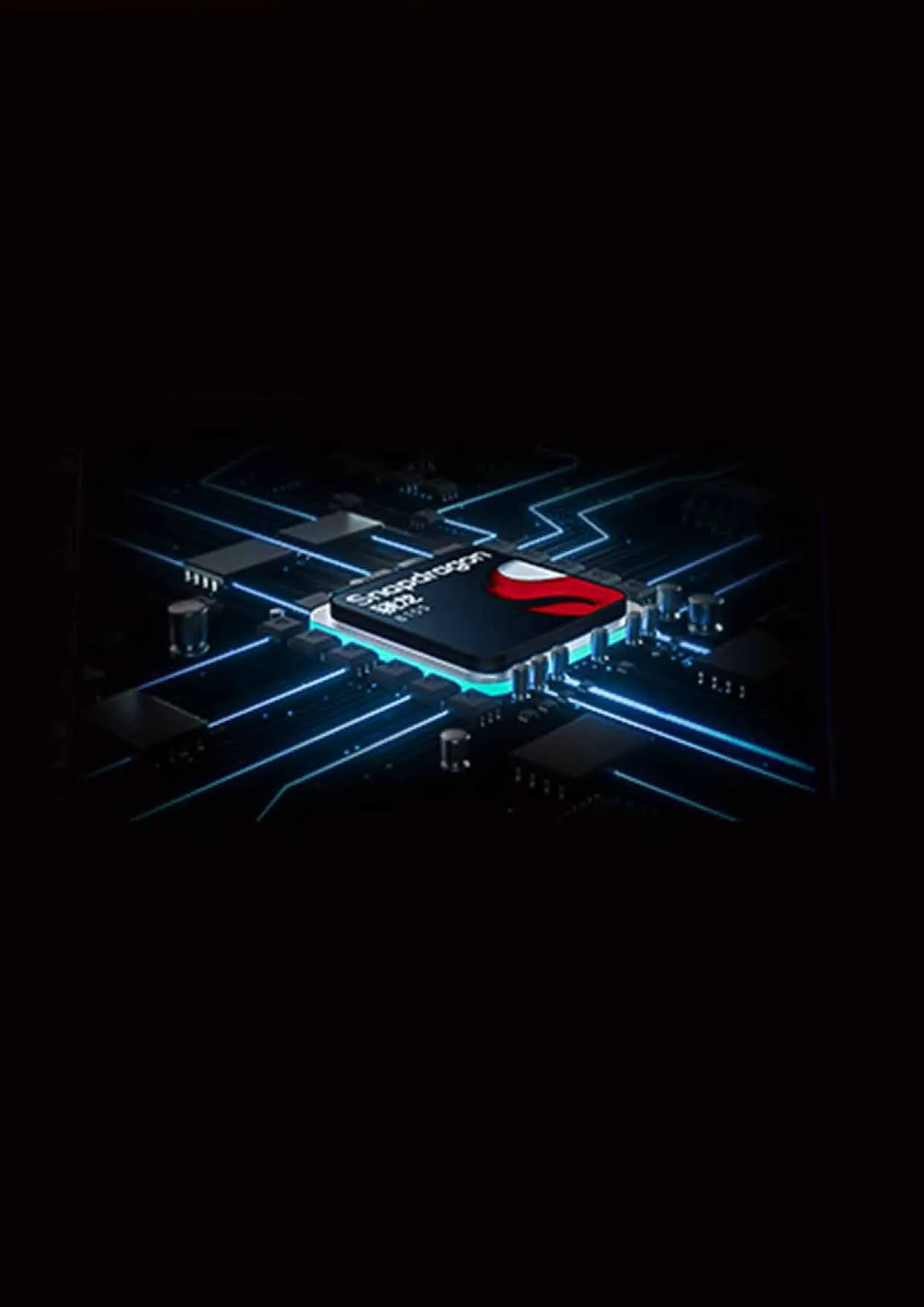 Render of the Snapdragon 8155 chip lit in blue and red