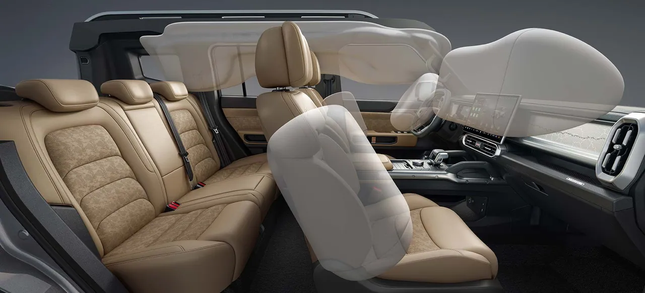 Beige cabin with front, driver's side and curtain airbags deployed