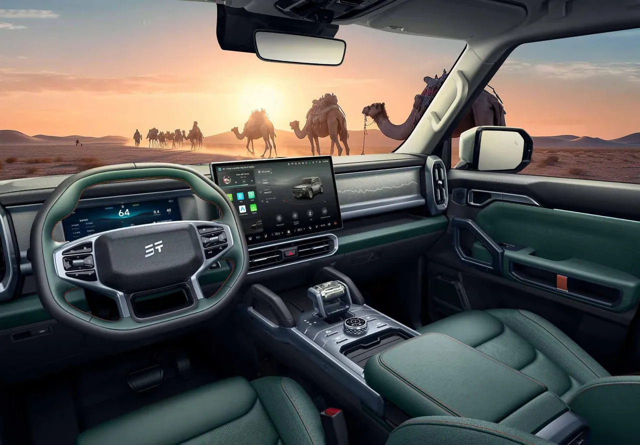 T2 dashboard in green leather, desert and camels through the windscreen
