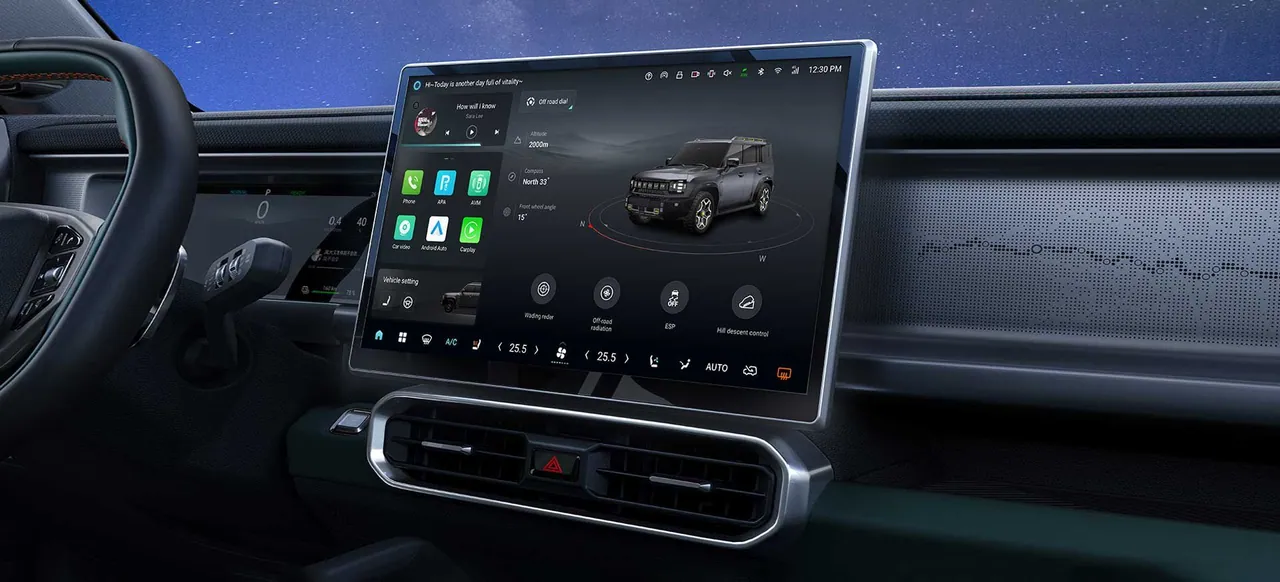 The 15.6-inch touchscreen showing apps and the car