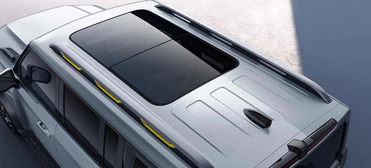Roof rails seen from above, panoramic roof glass between them