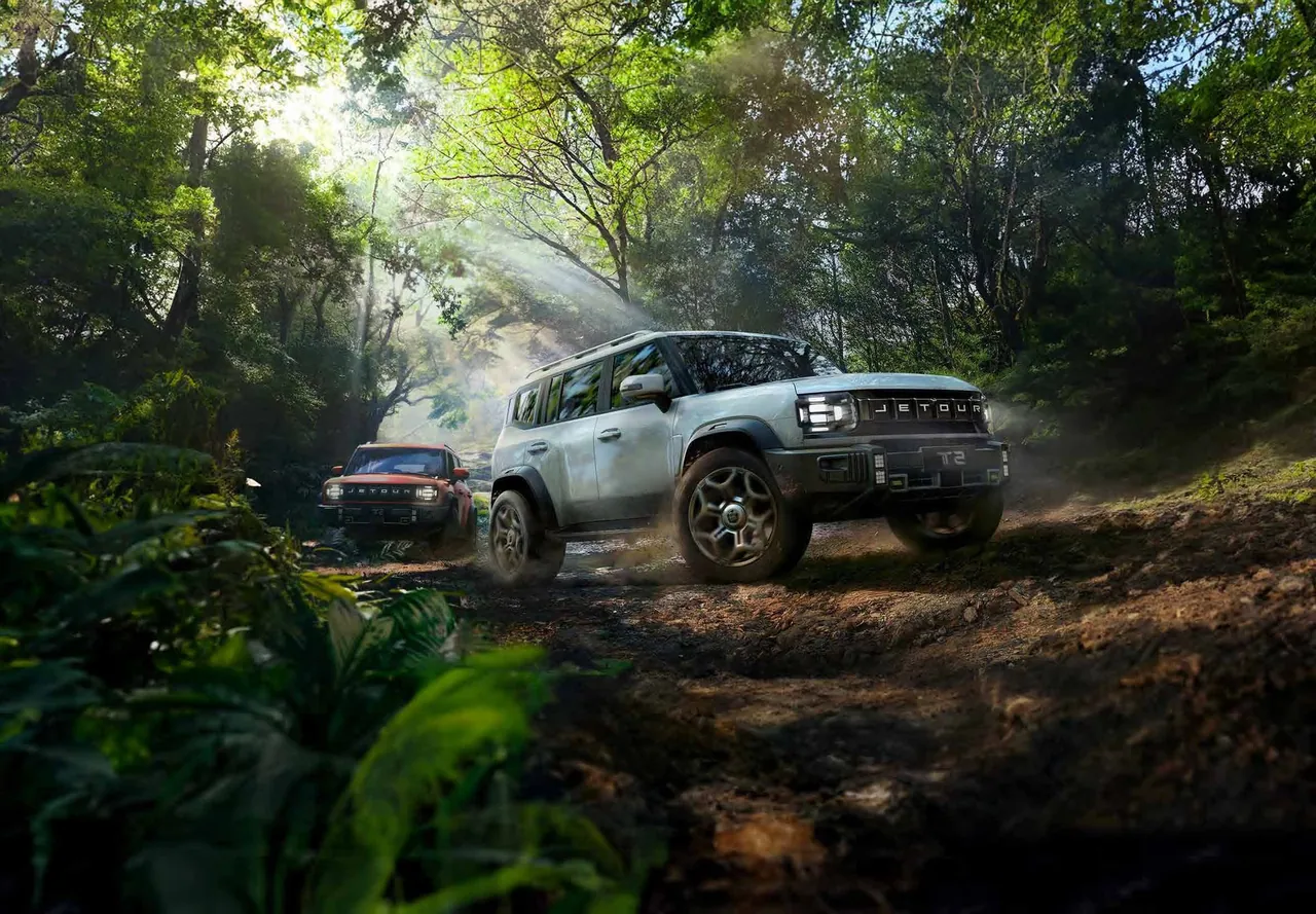 Two T2s, one grey and one orange, on a jungle trail in shafts of light